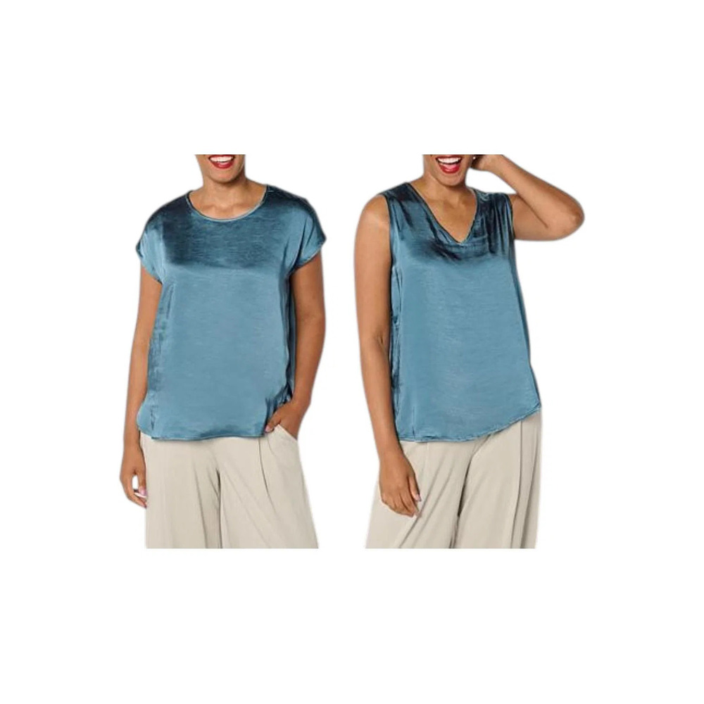 WynneLayers Women's 2-pack Satin Tee & Tank Set Vintage Blue - Regular
